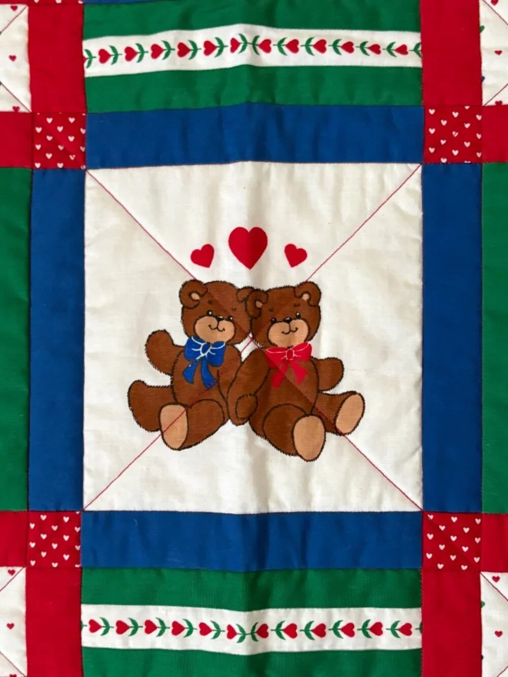 Handmade Quilted Throw Teddy Bear Heart Valentine Squares Cornerstones Nursery